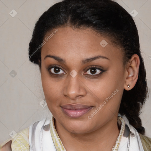 Joyful latino young-adult female with short  brown hair and brown eyes