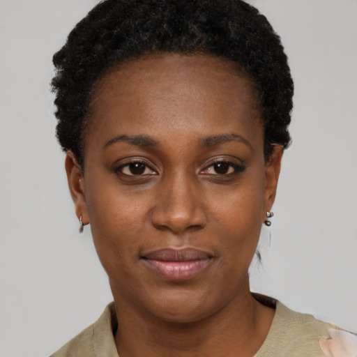 Neutral black young-adult female with short  black hair and brown eyes