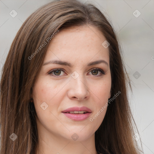 Joyful white young-adult female with long  brown hair and grey eyes