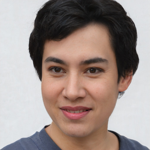 Joyful asian young-adult male with short  black hair and brown eyes
