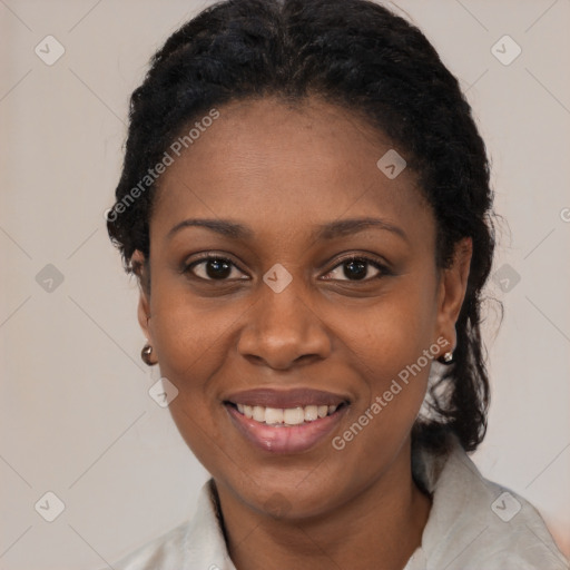 Joyful black young-adult female with medium  black hair and brown eyes