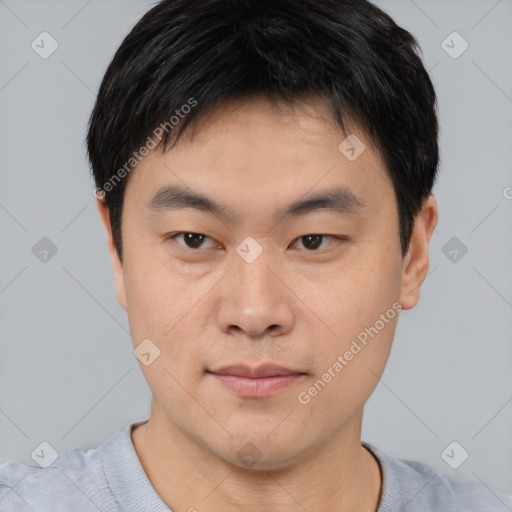 Neutral asian young-adult male with short  black hair and brown eyes