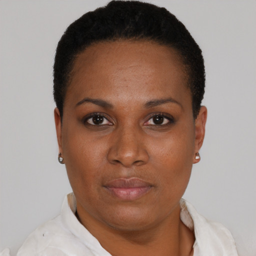 Neutral black young-adult female with short  black hair and brown eyes
