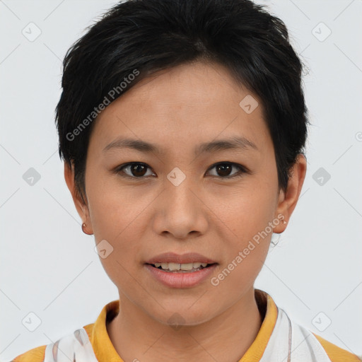 Joyful asian young-adult female with short  brown hair and brown eyes