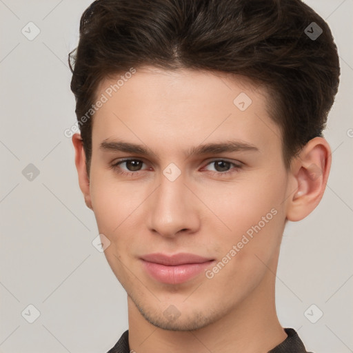 Neutral white young-adult male with short  brown hair and brown eyes