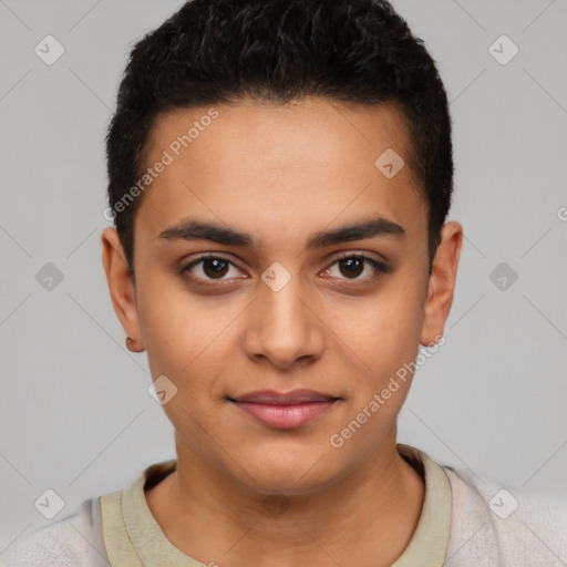 Joyful latino young-adult male with short  black hair and brown eyes