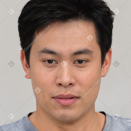 Neutral asian young-adult male with short  brown hair and brown eyes
