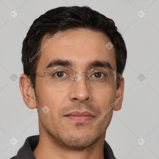 Neutral white young-adult male with short  black hair and brown eyes