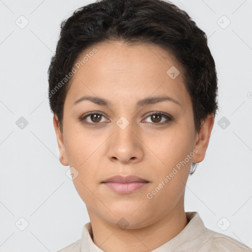 Neutral white young-adult female with short  brown hair and brown eyes