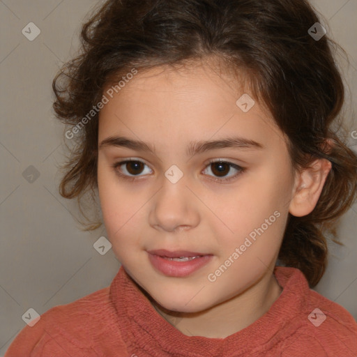 Joyful white child female with medium  brown hair and brown eyes