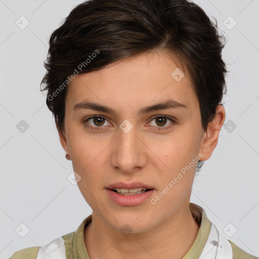 Neutral white young-adult female with short  brown hair and brown eyes