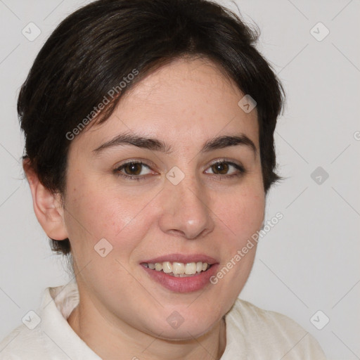 Joyful white young-adult female with medium  brown hair and brown eyes