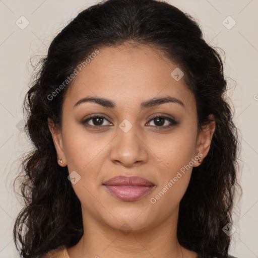 Joyful latino young-adult female with long  brown hair and brown eyes