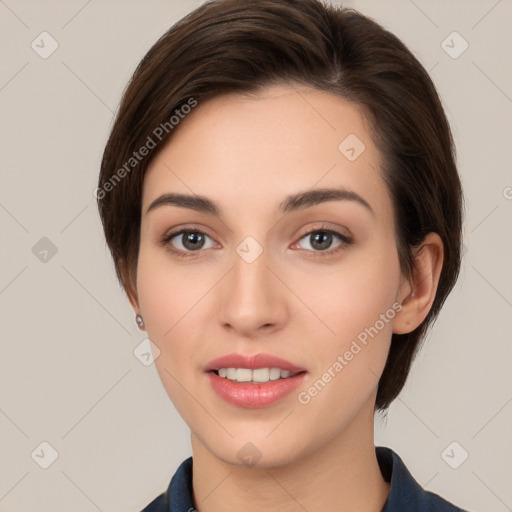 Neutral white young-adult female with medium  brown hair and brown eyes