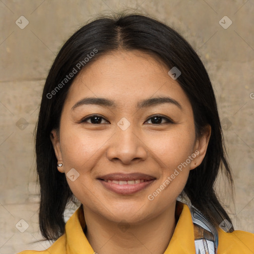 Joyful asian young-adult female with medium  brown hair and brown eyes