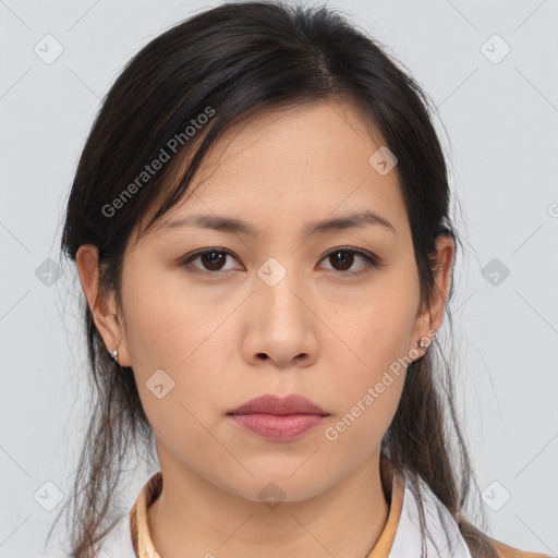 Neutral asian young-adult female with medium  brown hair and brown eyes