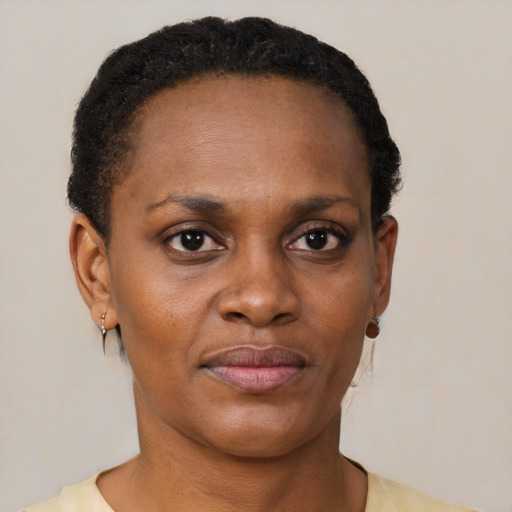 Joyful black young-adult female with short  brown hair and brown eyes