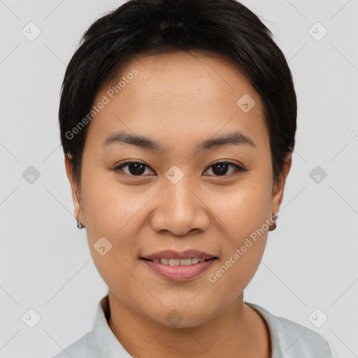 Joyful asian young-adult female with short  brown hair and brown eyes