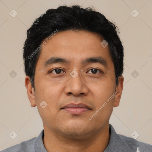 Neutral asian adult male with short  black hair and brown eyes