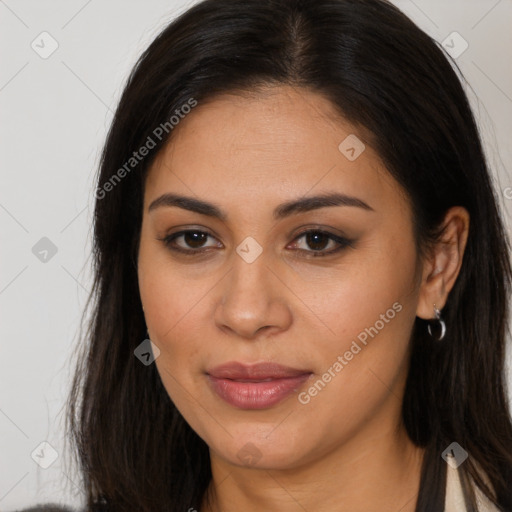 Joyful latino young-adult female with long  brown hair and brown eyes