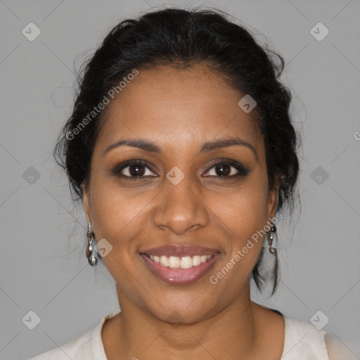 Joyful black young-adult female with medium  brown hair and brown eyes