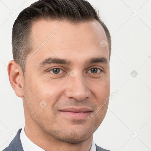 Joyful white young-adult male with short  brown hair and brown eyes