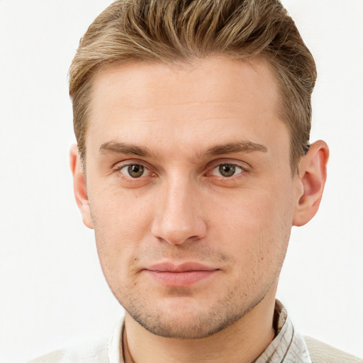 Neutral white young-adult male with short  brown hair and grey eyes