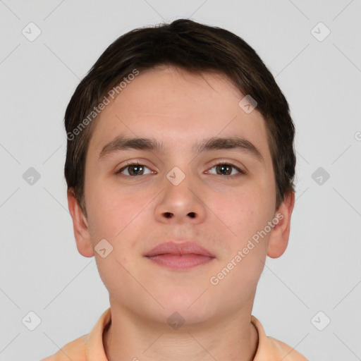 Neutral white young-adult male with short  brown hair and brown eyes