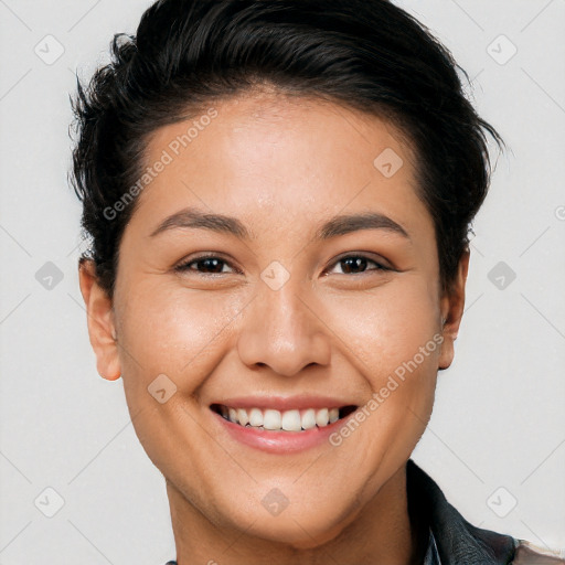 Joyful white young-adult female with short  brown hair and brown eyes