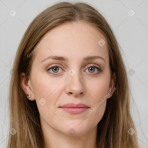 Joyful white young-adult female with long  brown hair and grey eyes