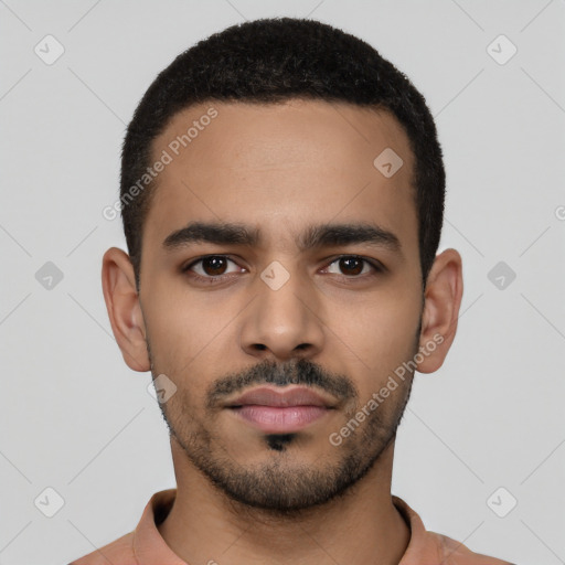 Neutral latino young-adult male with short  black hair and brown eyes