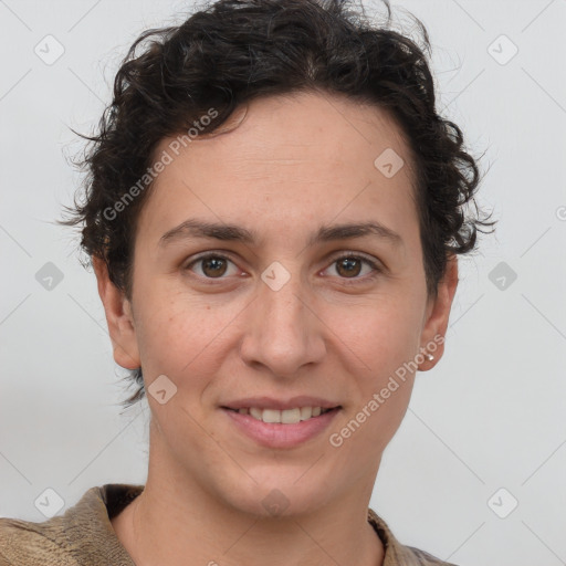 Joyful white adult female with short  brown hair and brown eyes