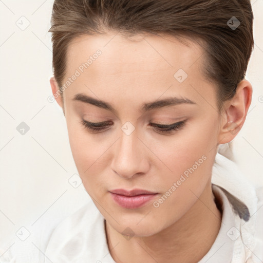 Neutral white young-adult female with medium  brown hair and brown eyes