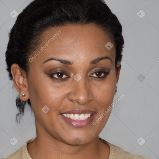 Joyful black young-adult female with short  brown hair and brown eyes
