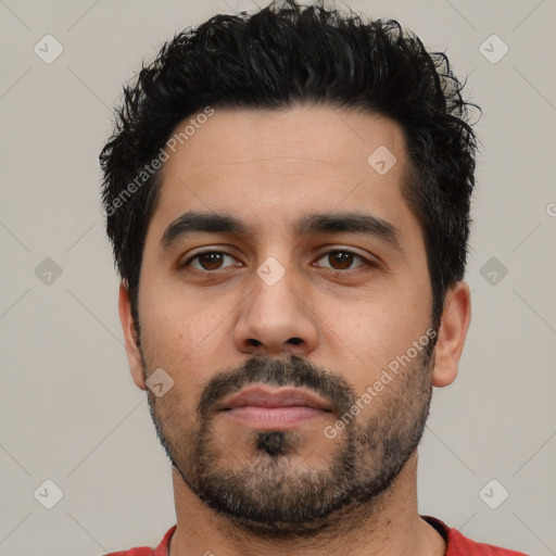 Neutral latino young-adult male with short  black hair and brown eyes