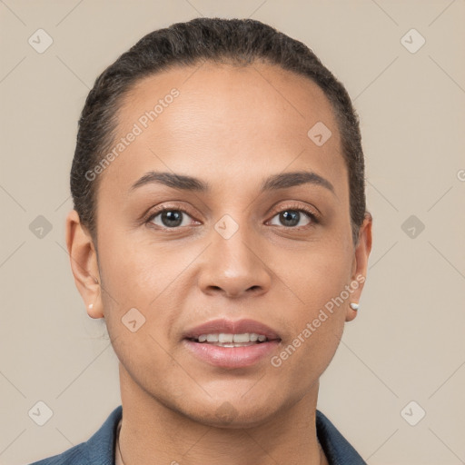 Joyful white young-adult female with short  black hair and brown eyes