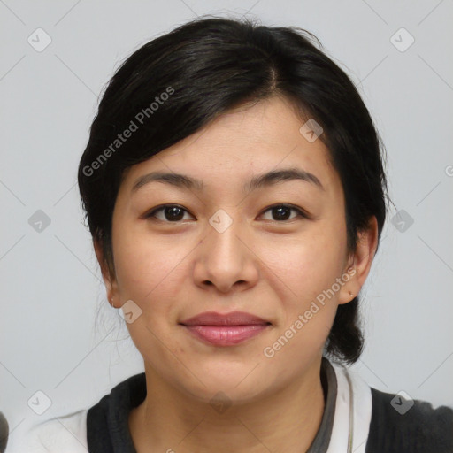 Joyful asian young-adult female with medium  brown hair and brown eyes