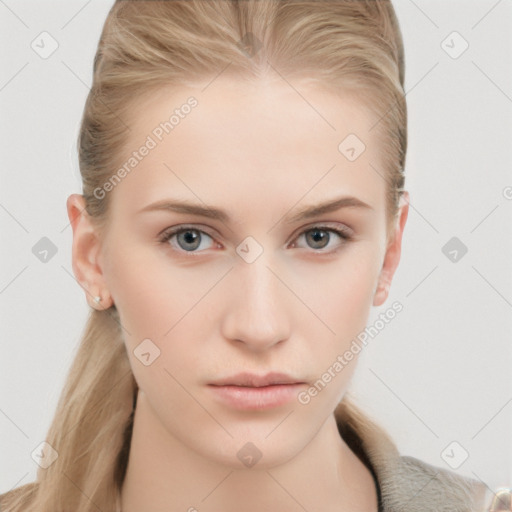 Neutral white young-adult female with long  brown hair and grey eyes