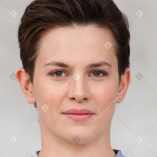 Joyful white young-adult female with short  brown hair and grey eyes