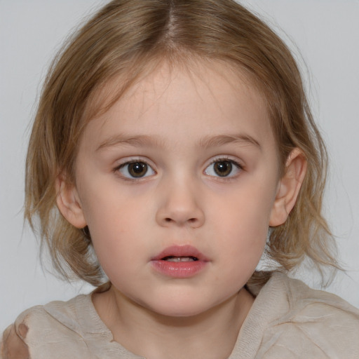 Neutral white child female with medium  brown hair and blue eyes