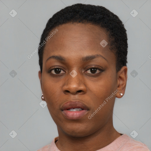 Neutral black young-adult female with short  black hair and brown eyes