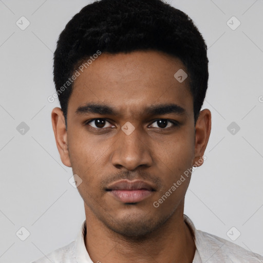 Neutral latino young-adult male with short  black hair and brown eyes