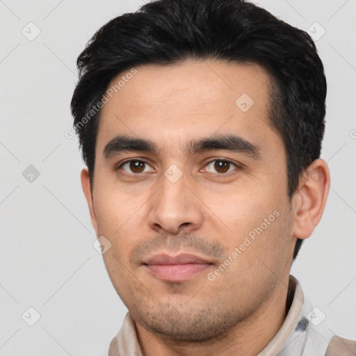 Neutral asian young-adult male with short  black hair and brown eyes