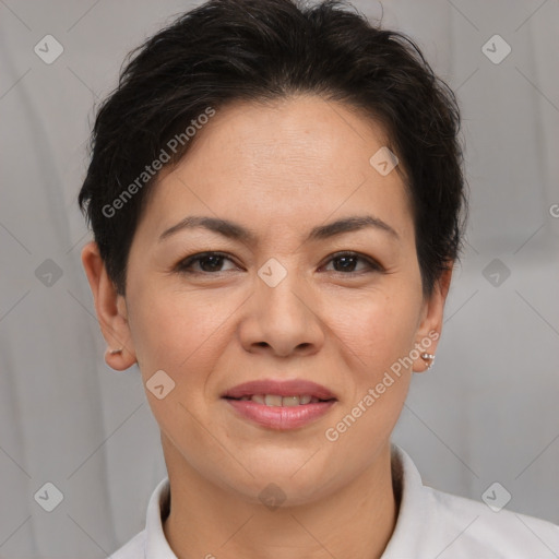 Joyful latino young-adult female with short  brown hair and brown eyes