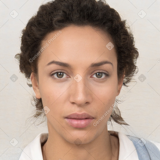 Neutral white young-adult female with short  brown hair and brown eyes