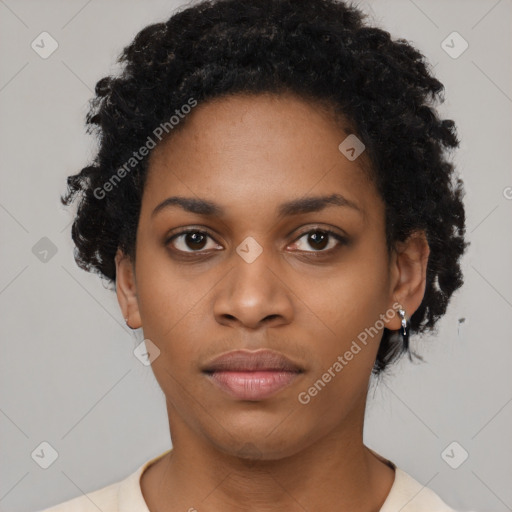 Neutral black young-adult female with short  black hair and brown eyes