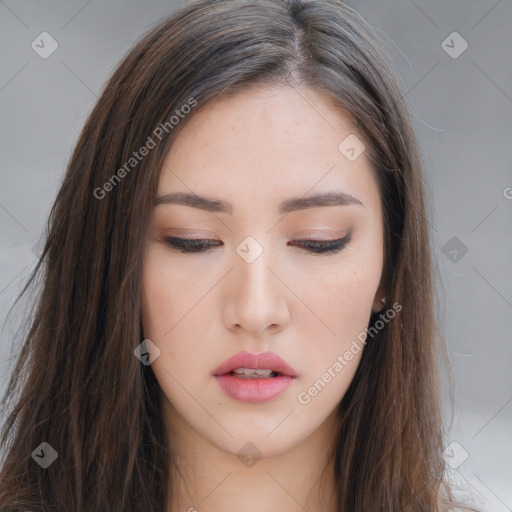 Neutral white young-adult female with long  brown hair and brown eyes