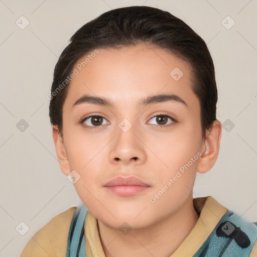 Neutral white young-adult female with short  brown hair and brown eyes