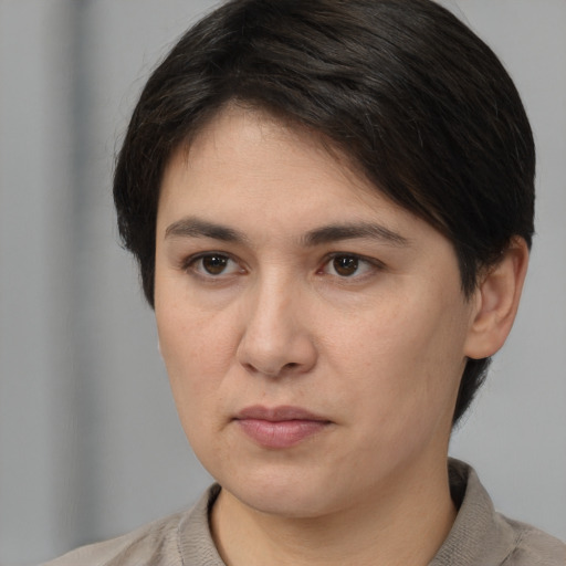 Neutral white young-adult female with medium  brown hair and brown eyes