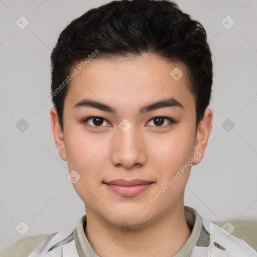 Joyful asian young-adult male with short  black hair and brown eyes